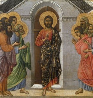 A imagem do Cartaz de Páscoa 2024. Duccio di Buoninsegna (1260 ca.-1318), Maestà (cornija), "Aparição aos apóstolos a portas fechadas". Museu da Obra Metropolitana, Sena, Itália. Foto: Obra Metropolitana de Sena/Scala, Florença.