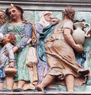 Detalhe do friso de terracota vitrificada na fachada do antigo Hospital do Ceppo em Pistoia, que narra as obras de Misericórdia Corporal (1526-1529)